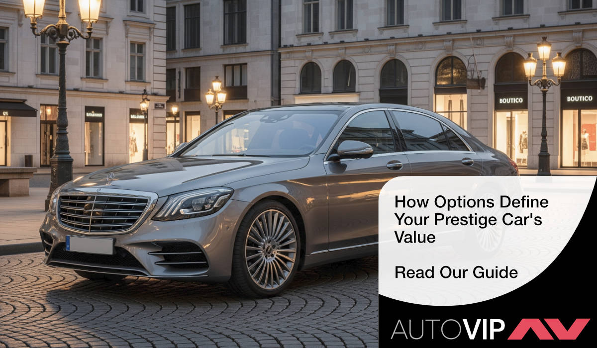 A high-specification metallic grey Mercedes S-Class sedan with multi-spoke alloy wheels, parked on a cobblestone street in a sophisticated urban setting