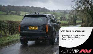 A new plate 26 Range Rover on a wet country UK road.
